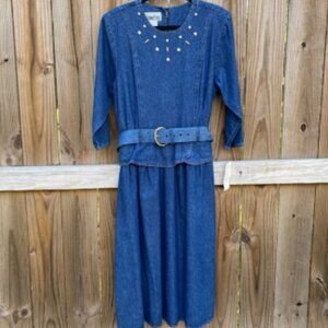 VINTAGE NWT Piccaino Petites Studded Denim Belted Dress